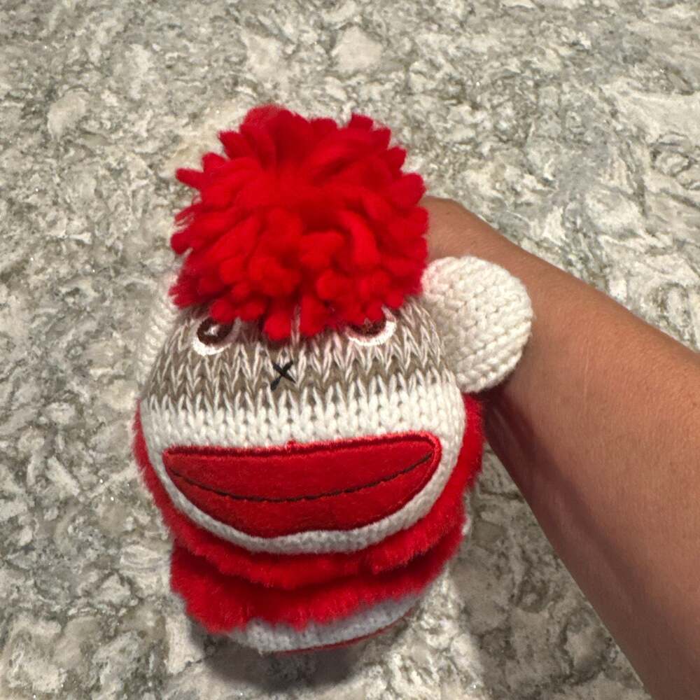 Wild Wear Plush Sock Monkey Ear Muffs Red White Faux Fur Pom Pom
